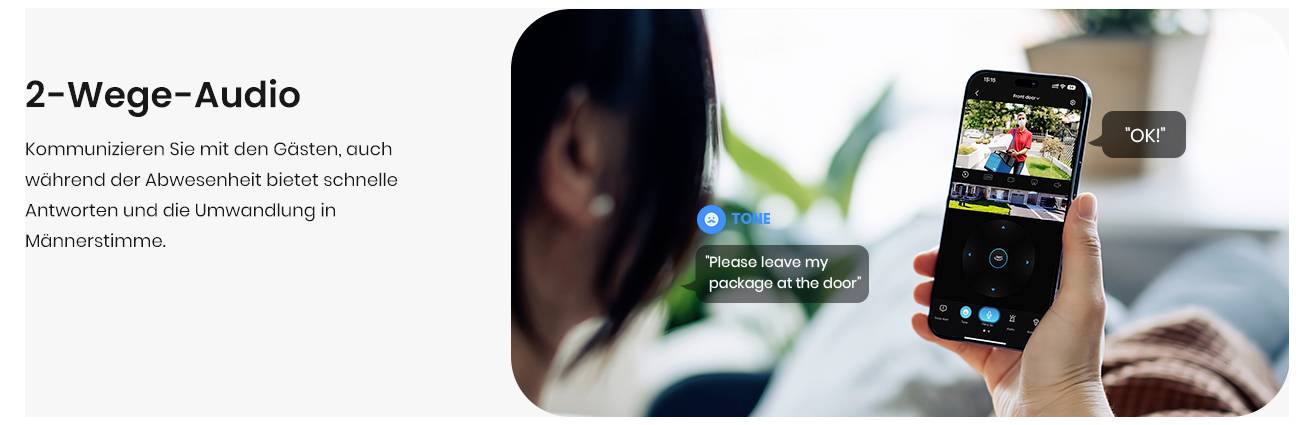 Eine Person, die ein Smartphone mit einer Sicherheitskamera-App mit einer Live-Übertragung hält. Eine Textblase auf dem Telefon sagt: „Bitte stellen Sie mein Paket vor die Tür