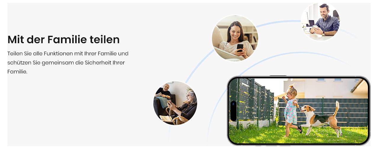 Das Bild zeigt ein Smartphone, auf dem ein Kind mit einem Hund in einem Garten spielt, umgeben von Fotos von Familienmitgliedern in Videoanrufen, der Text lautet „Mit der Familie teilen
