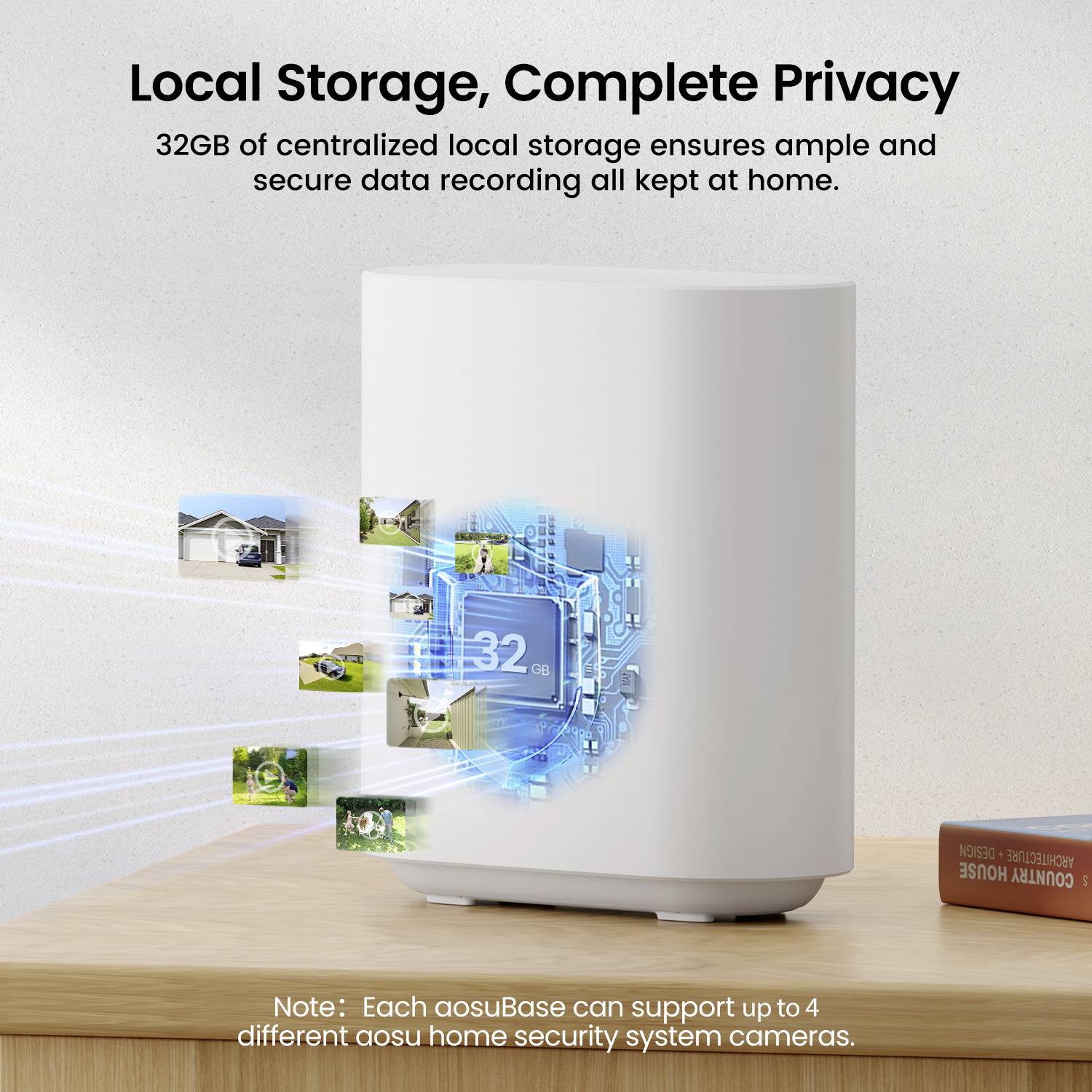 Smart-Home-Gerät auf einem Tisch mit der Beschriftung „32 GB zentralisierter lokaler Speicher