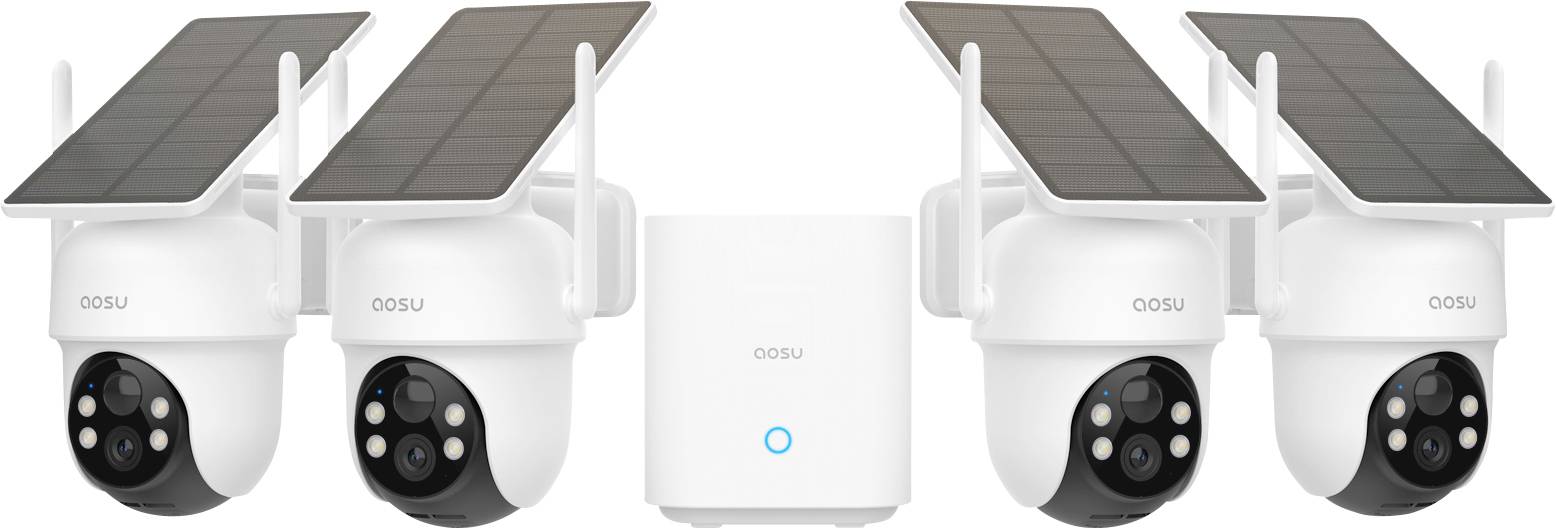 Vier solarbetriebene Sicherheitskameras mit Antennen, die ein zentrales weißes Gerät umgeben, mit blauer Anzeigelampe.