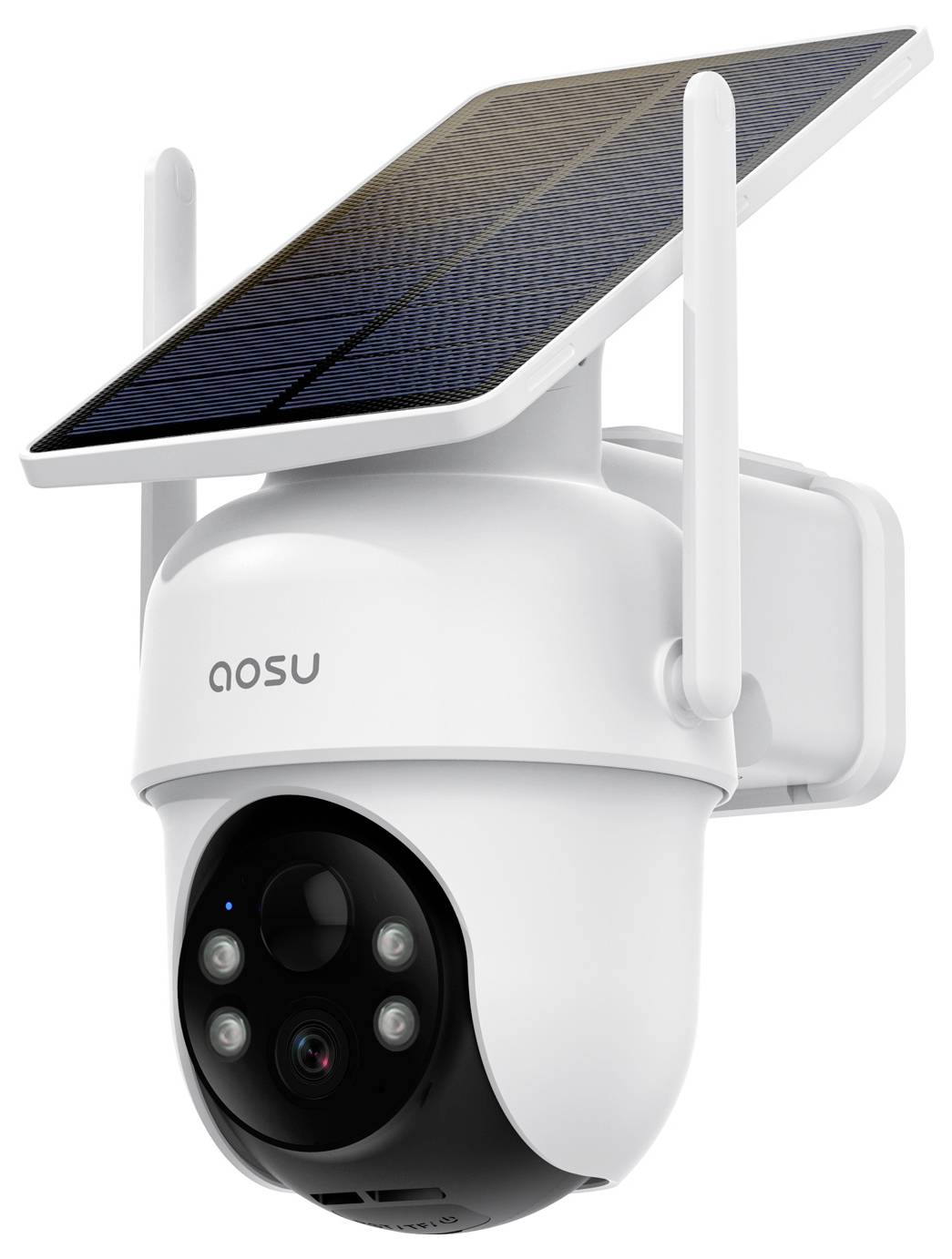Eine solarbetriebene Sicherheitskamera mit mehreren Objektiven, unter der Markenbezeichnung 'AOSU', die für die Überwachung im Außenbereich konzipiert ist.