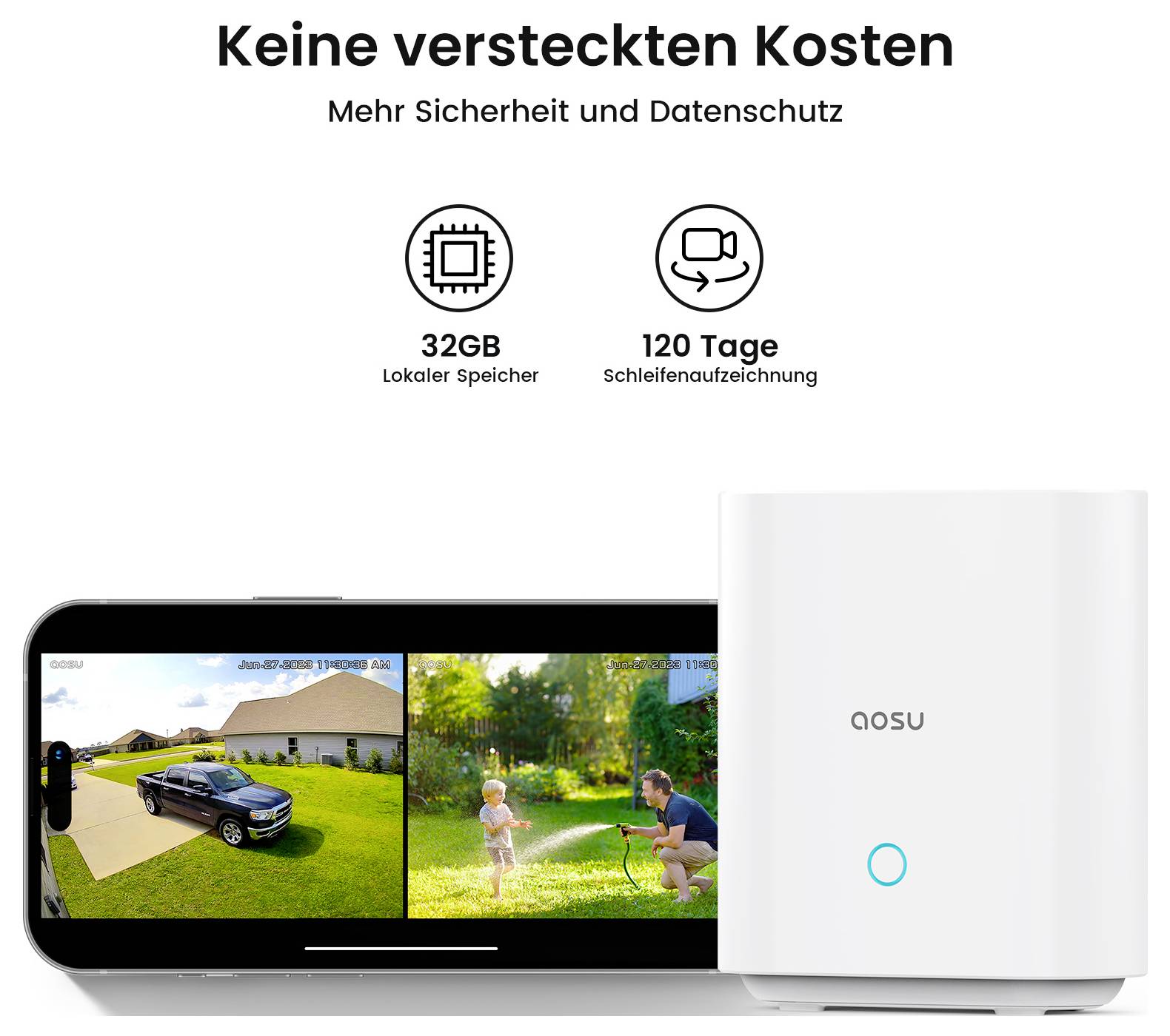 'Keine versteckten Kosten' Werbung für AOZU Sicherheitssystem. Bild zeigt einen Monitor mit Kameraaufnahmen einer Einfahrt und einem Kleinkind im Garten.