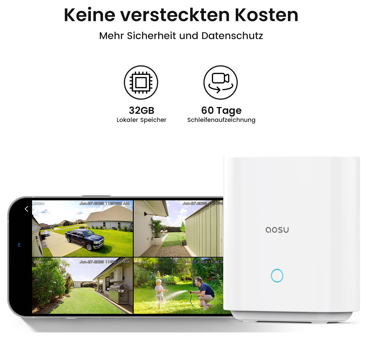 AOSU-Überwachungssystem zeigt mehrere Kamerastreams auf Smartphone, mit Betonung auf '32 GB lokaler Speicher, 60-Tage-Aufnahmeschleife'.