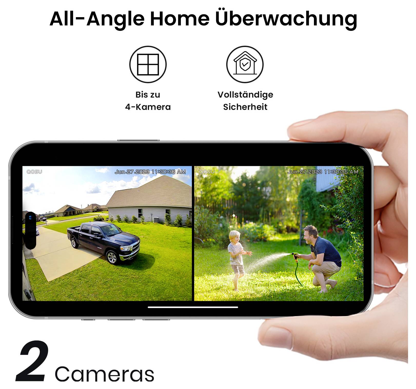 Die 'All-Angle Home Überwachung' Anzeige zeigt eine Hand, die ein Smartphone mit zwei Sicherheitskamera-Ansichten hält: eine Auffahrt und eine Gartenszene mit einem Kind und einem Erwachsenen.