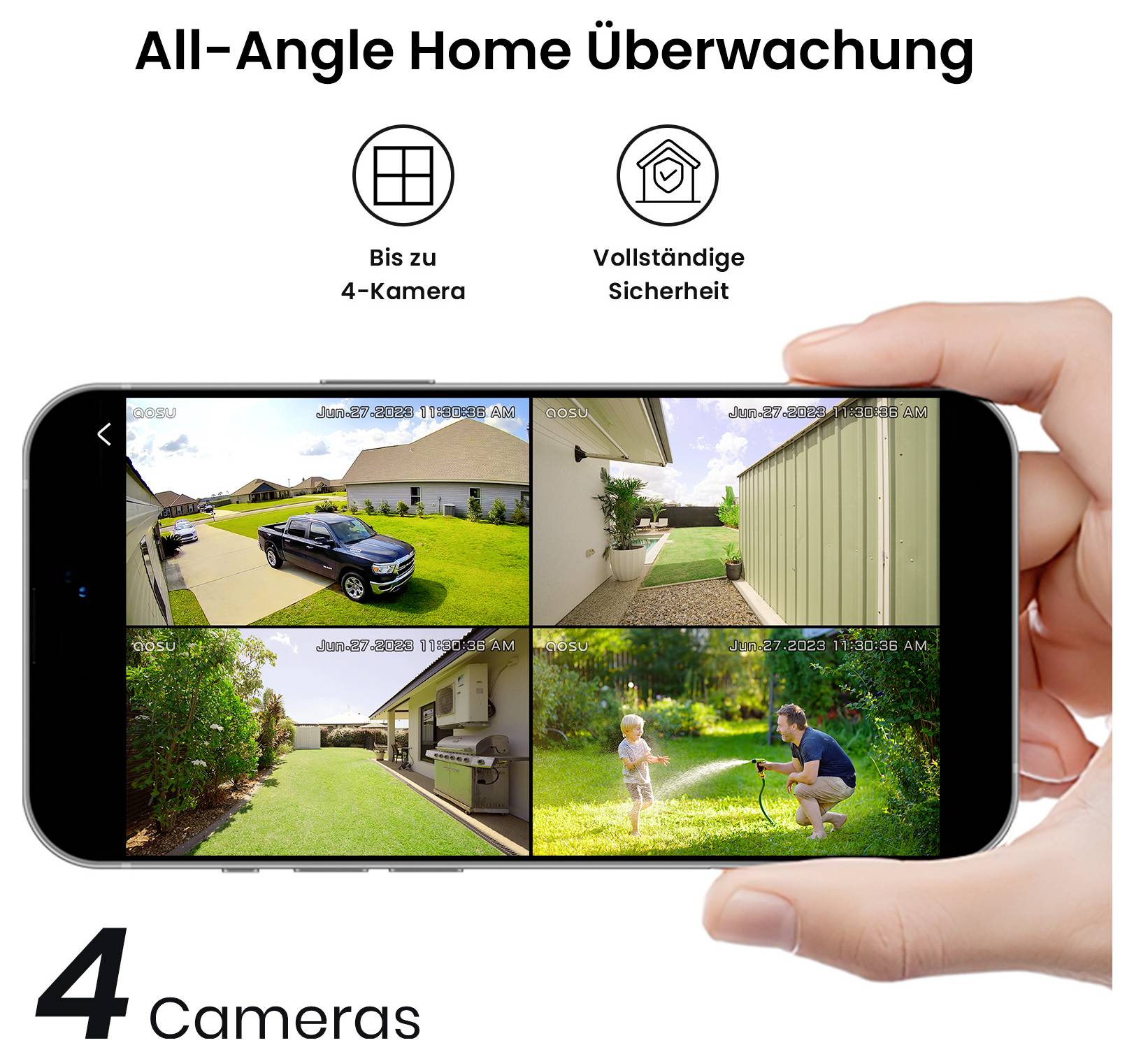 'All-Winkel Haus Überwachung' mit vier Kameraansichten auf einem Telefondisplay, die verschiedene Außenszenen zeigen. Enthält Text: 'Bis zu 4 Kameras' und 'Komplette Sicherheit'.
