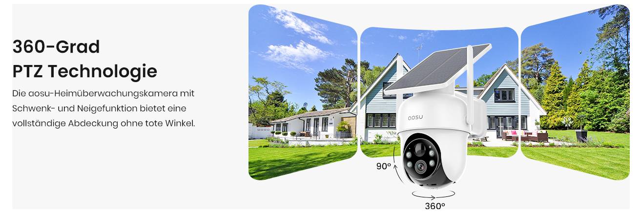 Das Bild zeigt eine solarbetriebene Outdoor-Überwachungskamera mit 360-Grad-Schwenkung und 90-Grad-Neigung, die in der Nähe eines Hauses montiert ist.