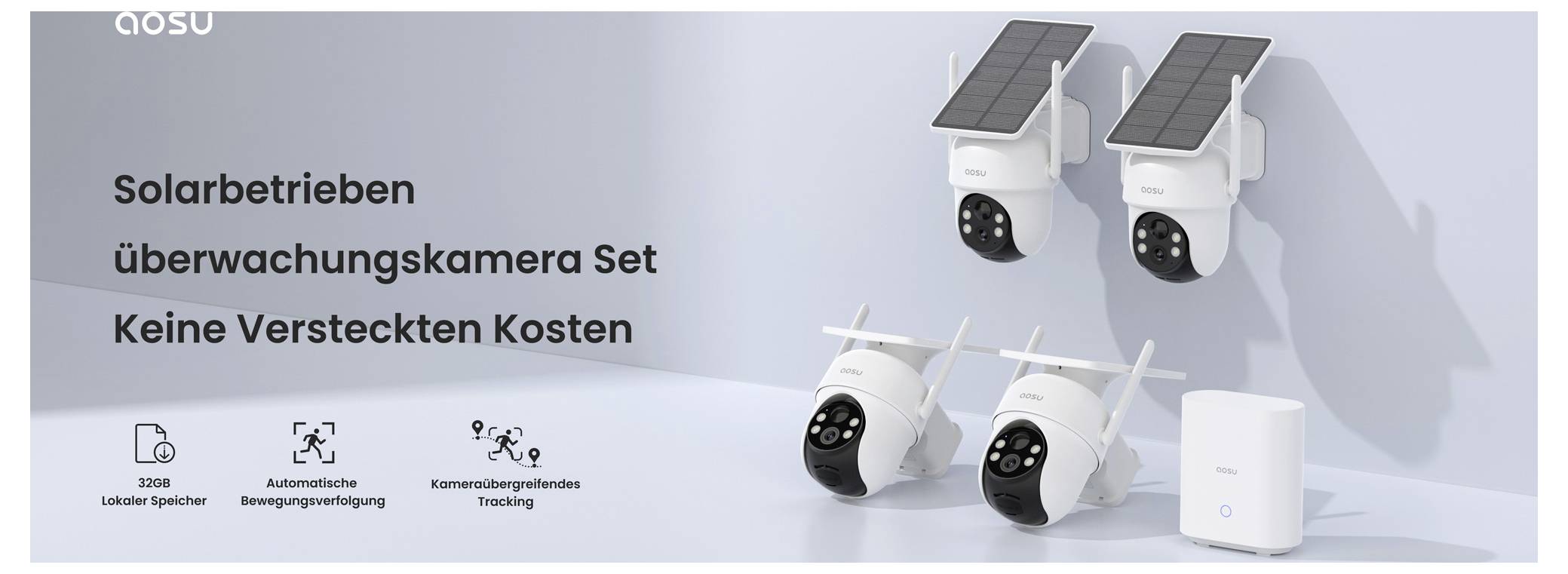 Ein Set von vier weißen solarbetriebenen Sicherheitskameras, wobei zwei an Wänden mit Solarpanels montiert sind und zwei im traditionellen Kamerastil gehalten sind. Der deutsche Text beschreibt ihre Eigenschaften.