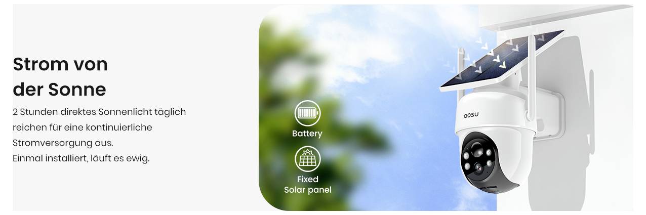 Eine solarbetriebene Sicherheitskamera mit angeschlossenem Solarpanel. Der deutsche Text erwähnt, dass bereits 2 Stunden direktes Sonnenlicht eine durchgehende Stromversorgung sicherstellen.