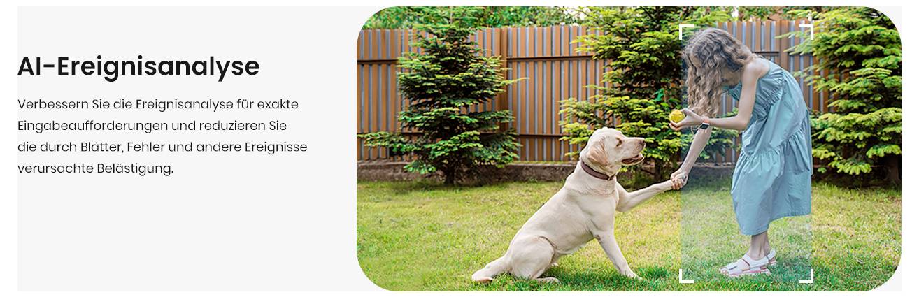 Ein Mädchen in einem blauen Kleid trainiert einen Hund mit einem Ball in einem Garten. Der Fokus liegt auf ihrer Interaktion und repräsentiert das Konzept der 'KI-Ereignisanalyse'.