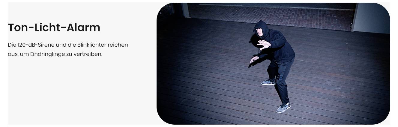 Ton-Licht-Alarm: Die 120-dB-Sirene und die Blinklichter reichen aus, um Eindringlinge zu vertreiben. Eine Person in dunkler Kleidung wirkt erschrocken vom Alarm.