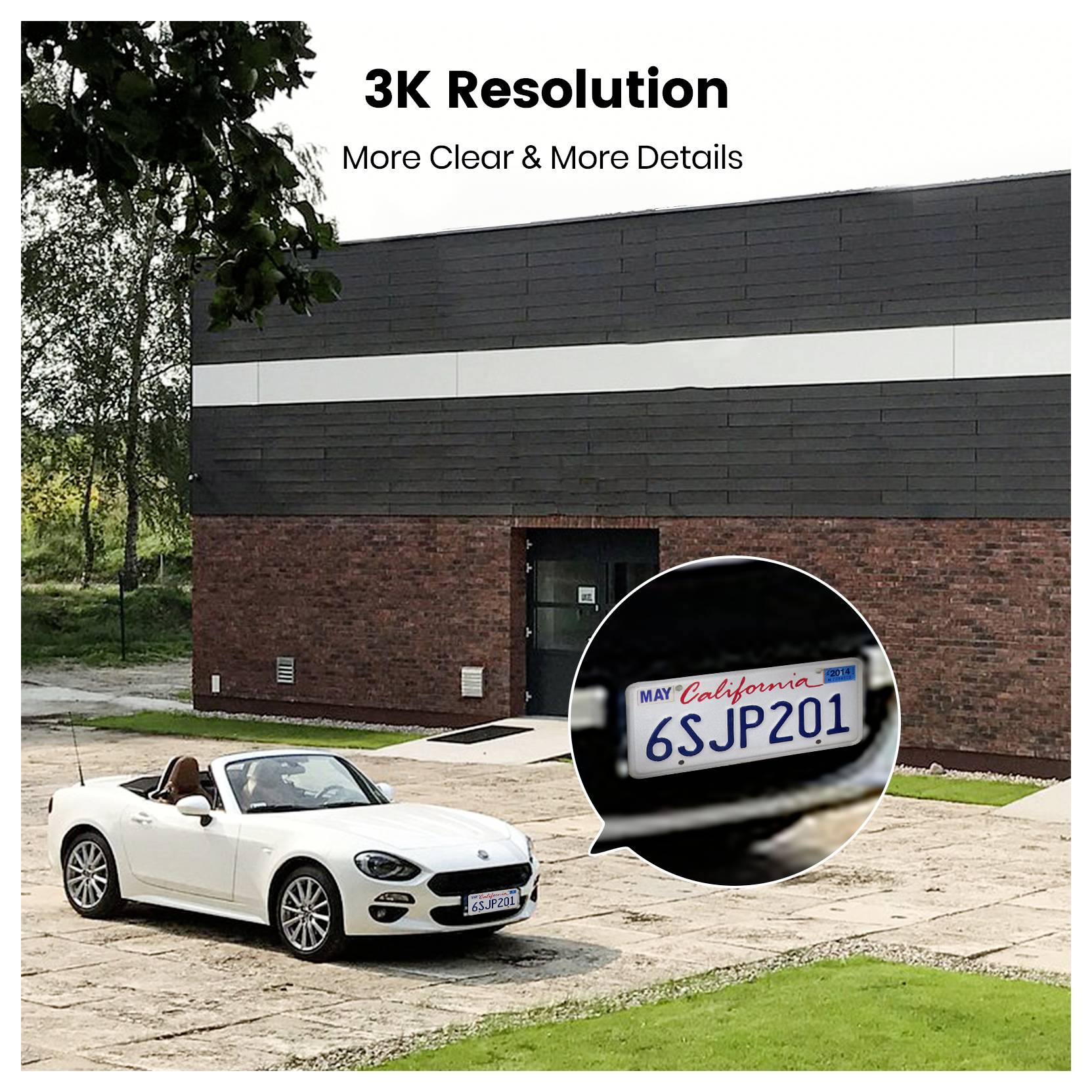 Ein weißes Cabrio, das auf einer Einfahrt geparkt ist, mit einer Detailaufnahme des Kennzeichens, wobei die Auflösung von 3K betont wird.