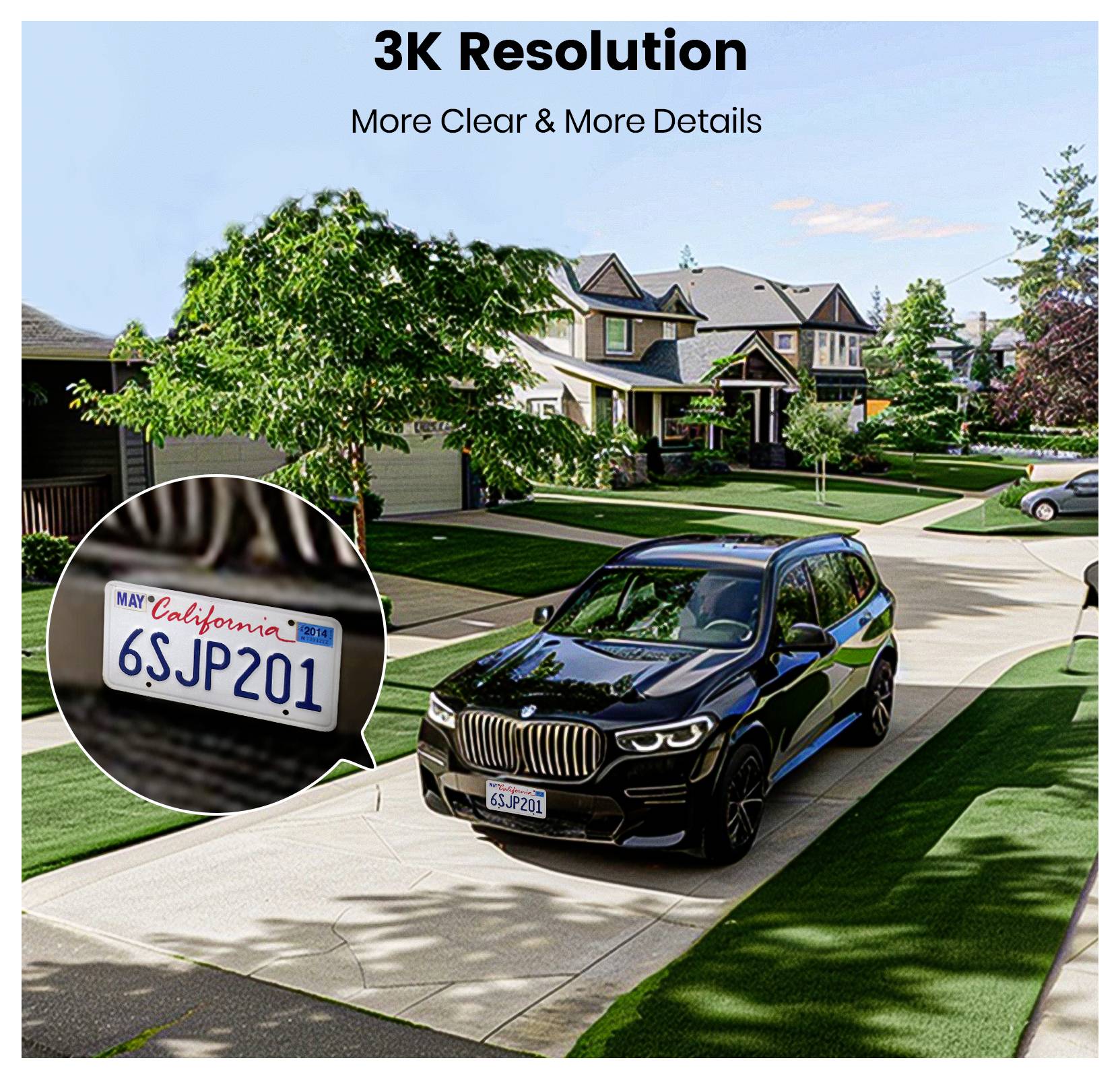 Ein schwarzes SUV parkte auf einer Wohnstraßeneinfahrt mit grünen Rasenflächen und Häusern. Die Einblendung zeigt ein vergrößertes Nummernschild mit der Aufschrift '6SJP201'.