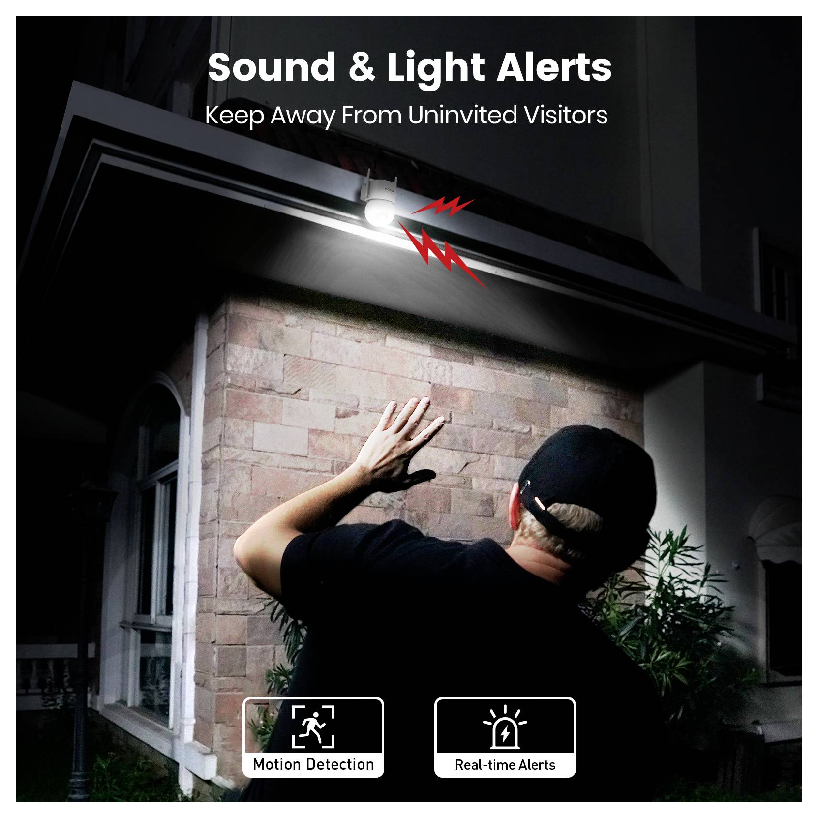 Eine Person streckt sich zu einer hellen Sicherheitsleuchte über einem Ziegeleingang, was Bewegungserkennung und Echtzeit-Warnungen in der Nacht veranschaulicht.