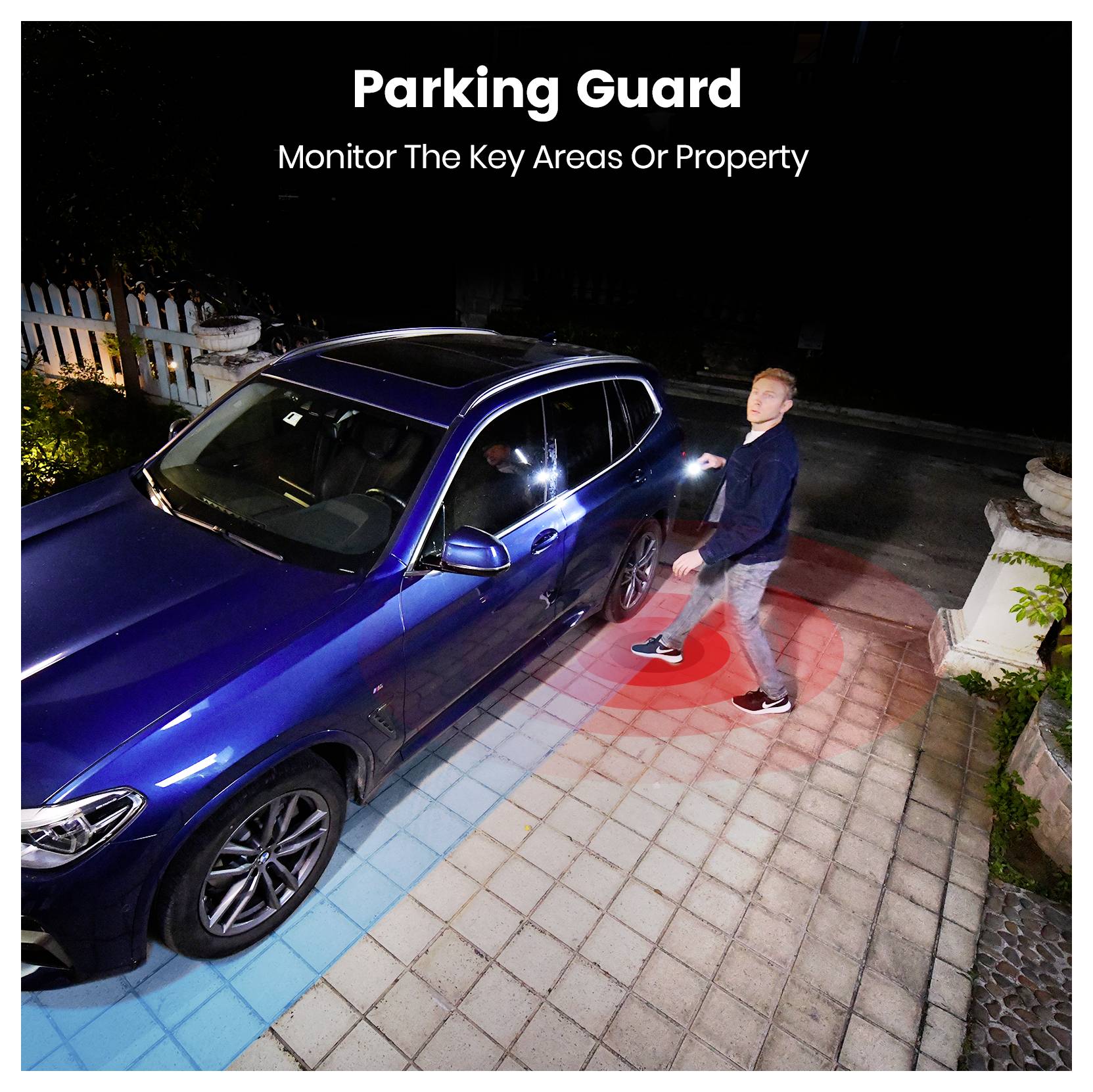 Ein Mann geht nachts in der Nähe eines blauen SUVs, was ein Parküberwachungssystem veranschaulicht. Rote und blaue Lichtzonen markieren die Überwachungsbereiche.