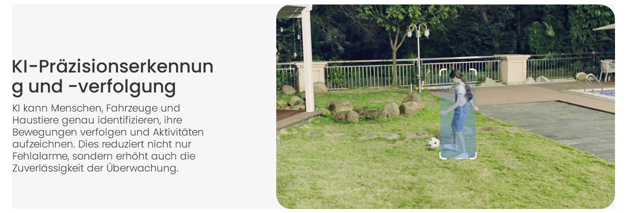 KI-Overlay auf menschlicher Figur in einem Gartenszenario, die präzise Tracking-Technologie demonstriert. Texteinblendungen heben die Vorteile präziser Überwachung hervor.