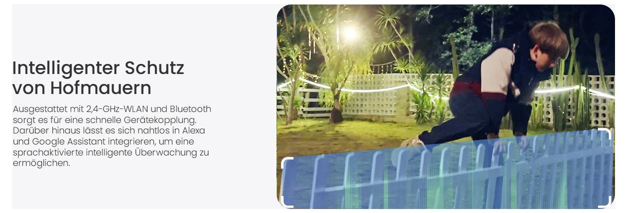 Eine Person klettert nachts über einen leuchtenden Zaun in einer Gartenumgebung und veranschaulicht damit ein intelligentes Sicherheitssystem für Gartenmauern.