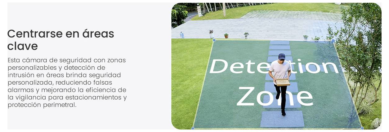 Das Bild 'Fokussierung auf Schlüsselbereiche' zeigt eine Person, die durch eine markierte 'Detektionszone' auf Gras geht und veranschaulicht anpassbare Eindringlingszonen.