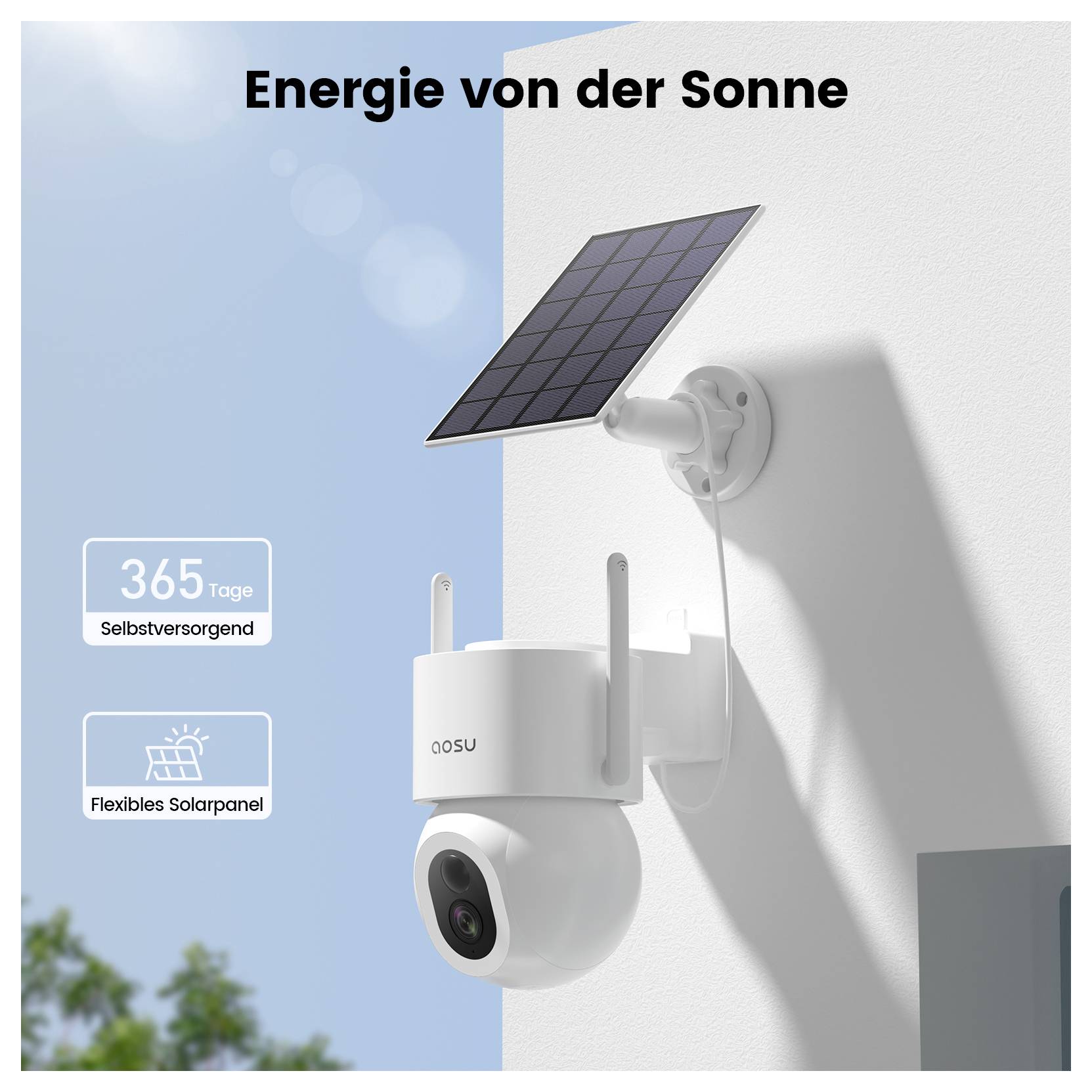 Eine Sicherheitskamera, die an einer Wand montiert ist, mit einem Solarpanel darüber, mit dem Titel 'Energie von der Sonne', mit Hervorhebung der solarbetriebenen Eigenschaften.