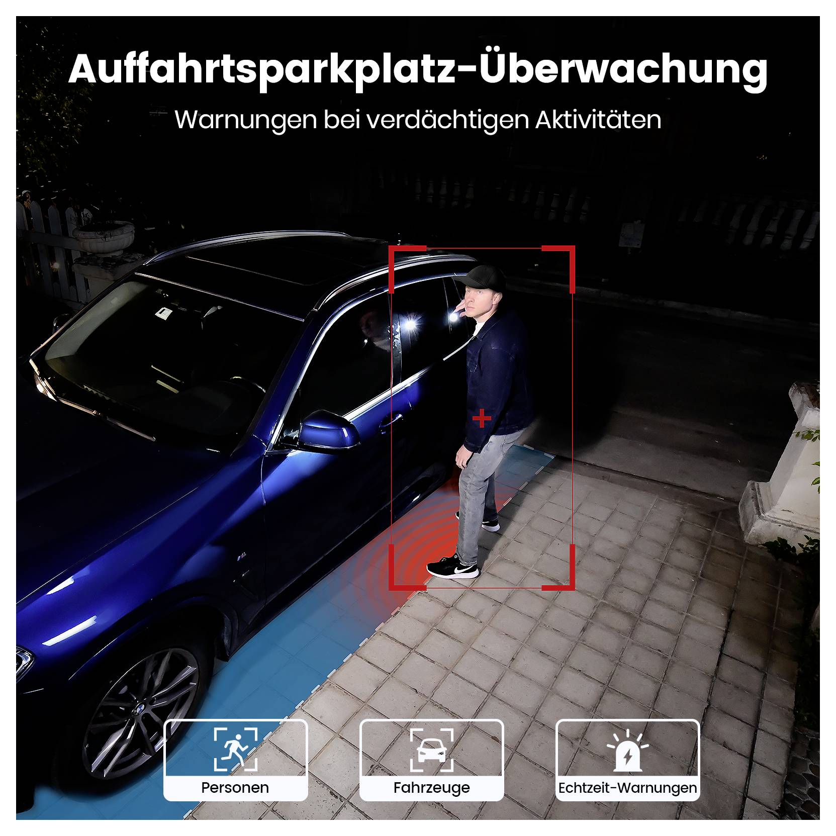 Die Aufnahme der 'Auffahrtsparkplatz-Überwachung' zeigt eine Person neben einem nachts geparkten Fahrzeug, wobei ein roter Rahmen die Person als verdächtige Aktivität hervorhebt.