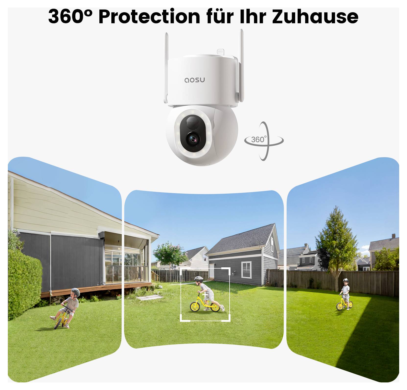 Aosu 360-Grad-Heimsicherheitskamera mit Bewegungserkennung erfasst ein Kind, das in einem Hinterhof Fahrrad fährt. Text: 360° Schutz für Ihr Zuhause.