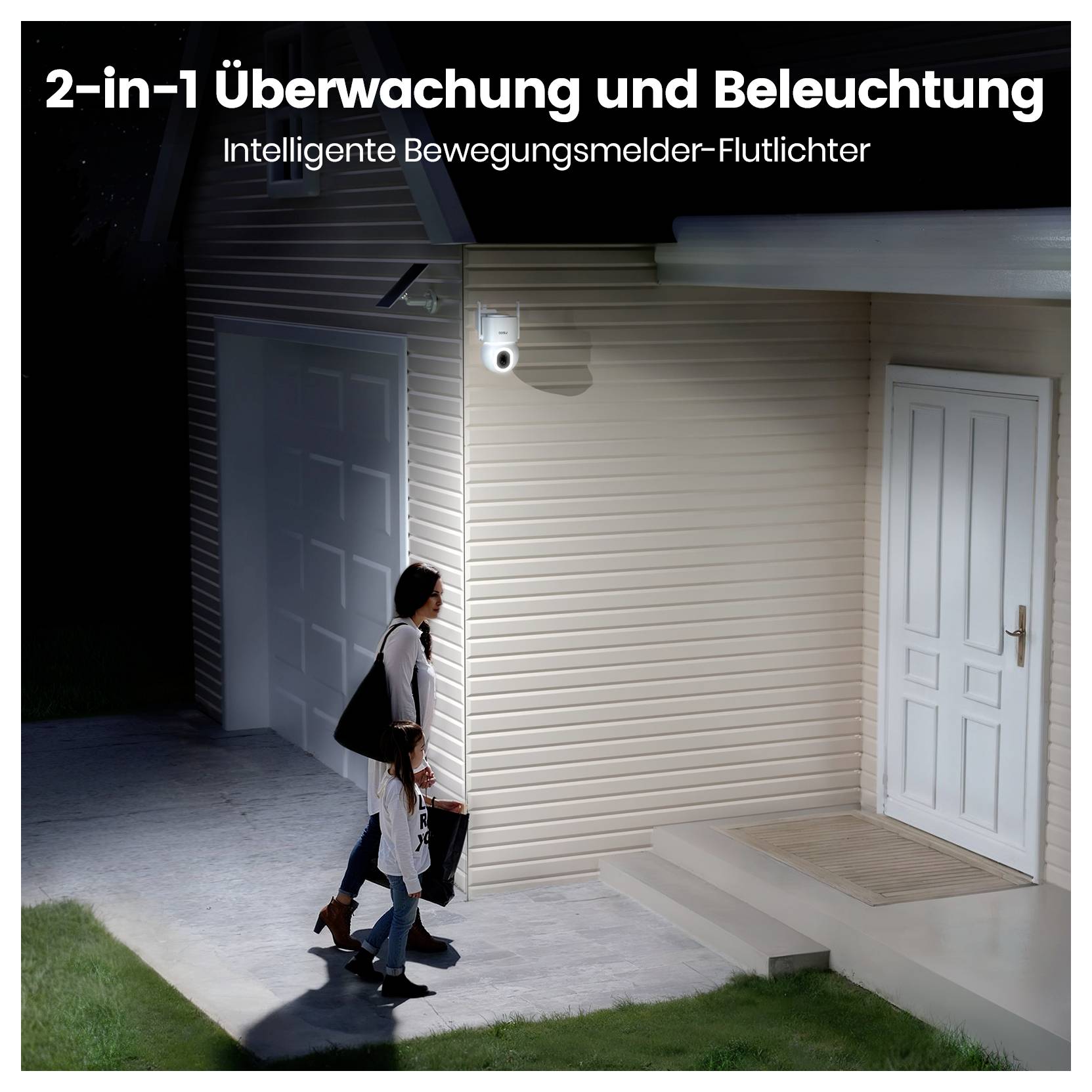 Eine Frau nähert sich nachts einem Haus. Ein bewegungsaktiviertes Flutlicht beleuchtet ihren Weg. Text: 2-in-1 Überwachung und Beleuchtung.