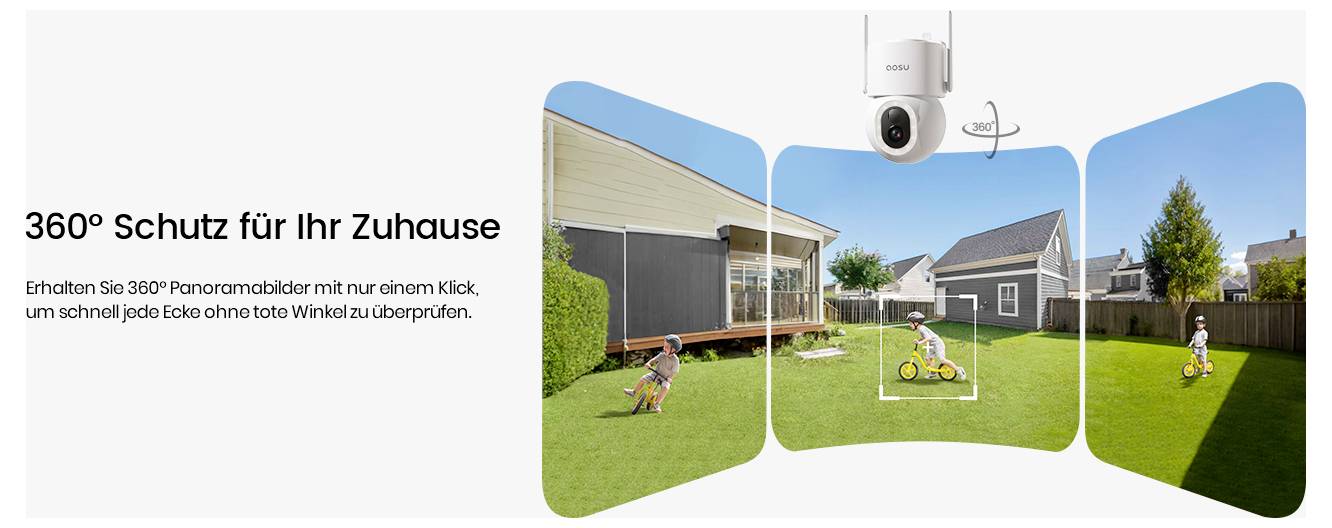 Eine Sicherheitskamera bietet '360° Schutz für Ihr Zuhause' mit Panoramaansichten des Hinterhofs und zeigt spielende Kinder sowie die Umgebung des Hauses.