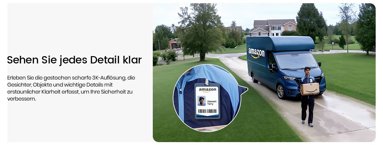 Ein Lieferbote hält ein Paket außerhalb eines Wohngebiets. Eine Detailaufnahme zeigt seinen Dienstausweis und betont dabei die klaren Details.