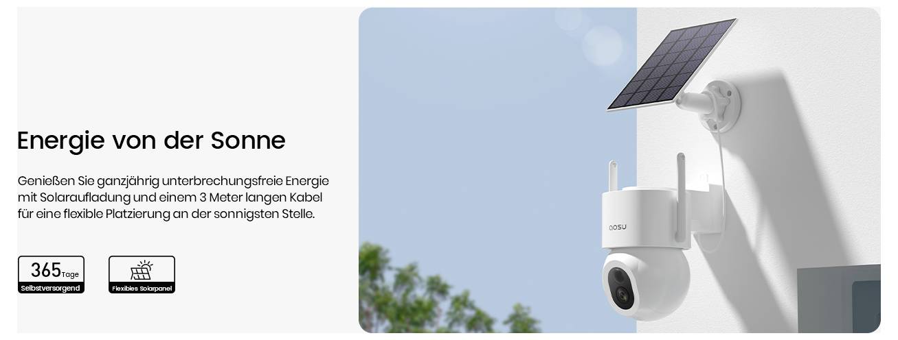Eine solarbetriebene Sicherheitskamera, montiert an einer Wand mit einem kleinen Solarpanel darüber. Der Text auf Deutsch diskutiert ununterbrochene Energie und Flexibilität.