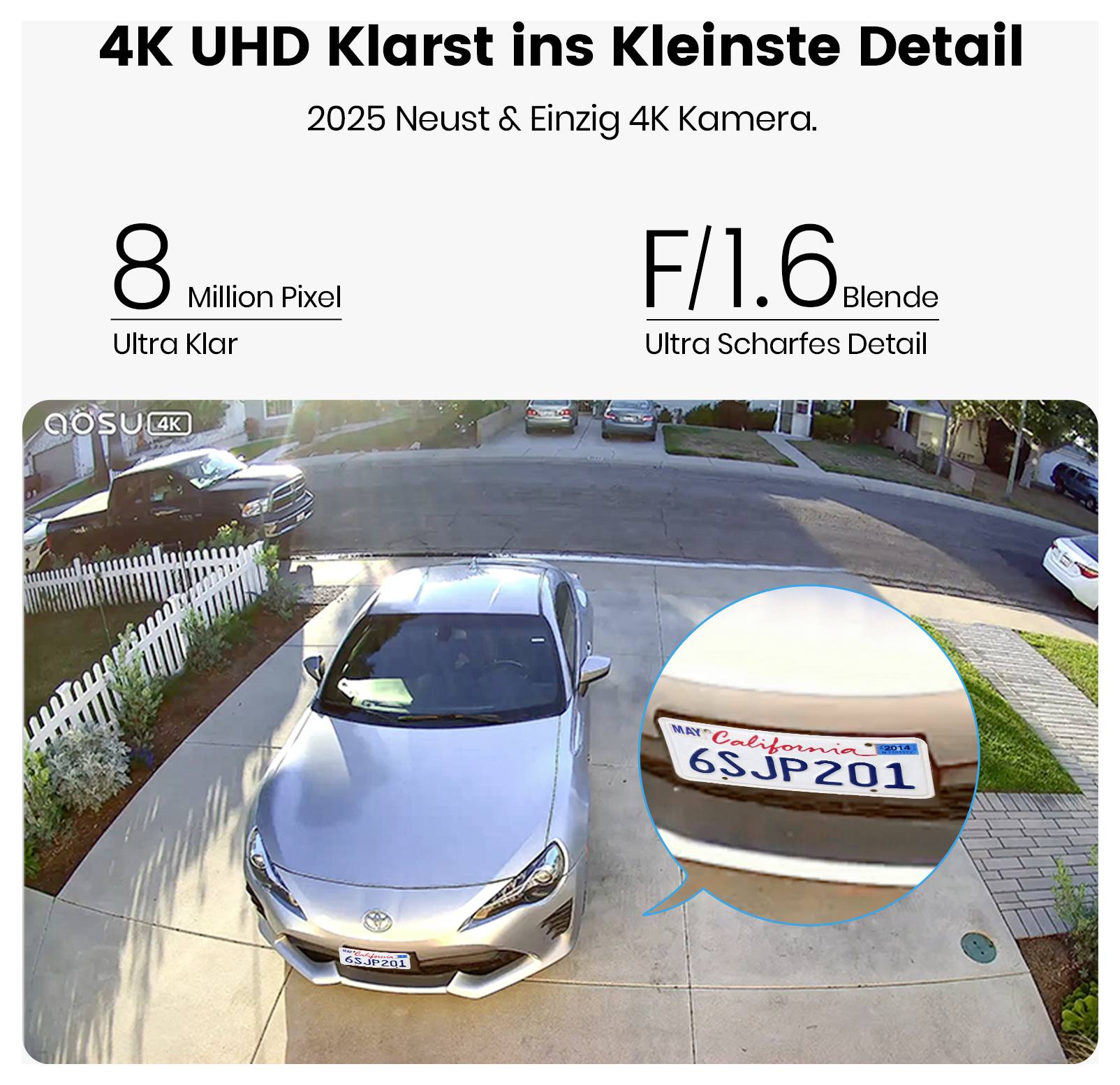 Auto steht auf der Einfahrt geparkt, Kamera zoomt und hebt das vordere Kennzeichen hervor. Text '4K UHD Klar bis ins kleinste Detail' und Kamera-Spezifikationen werden angezeigt.