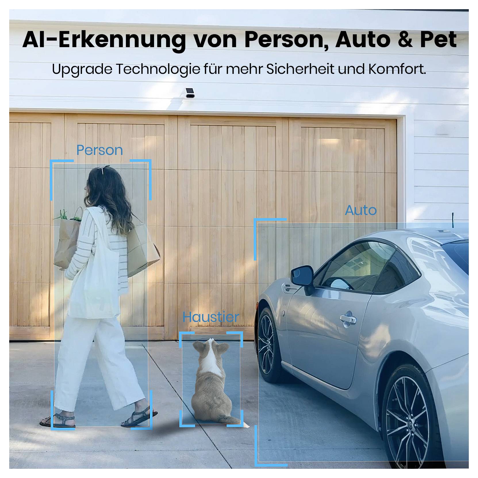 KI-Erkennung von Person, Auto & Haustier - Frau mit Handtasche neben einer Garage, ein blauer Wagen geparkt und ein kleiner Hund auf der Auffahrt.