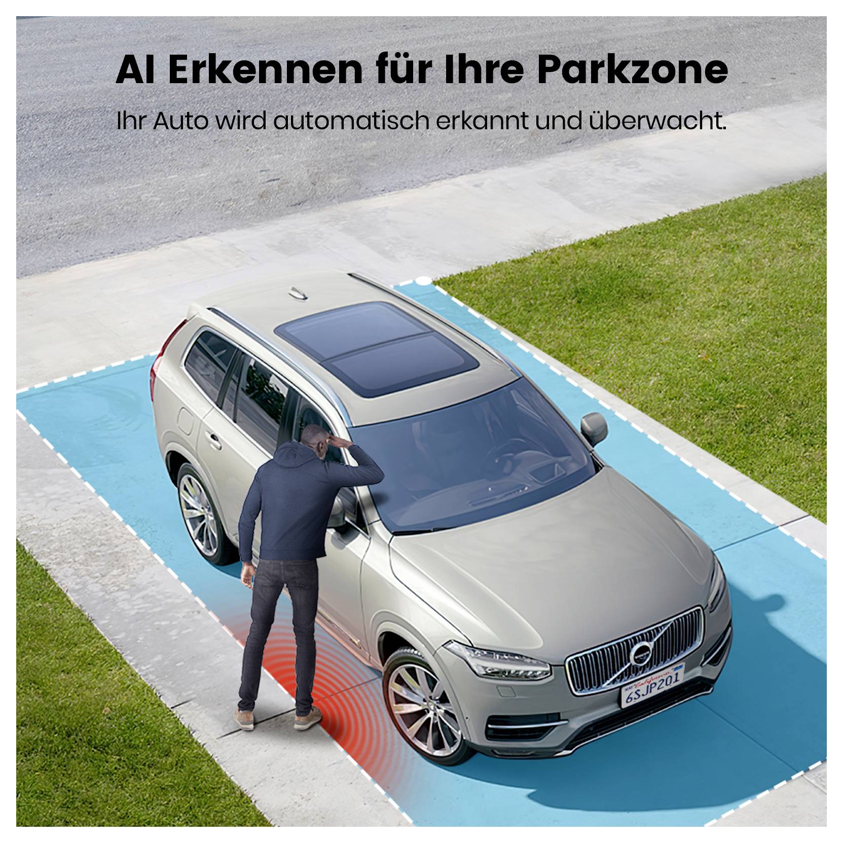 Ein Mann lehnt an einem geparkten Auto in einer markierten Parkzone. Text lautet: KI-Erkennung für Ihre Parkzone, Ihr Auto wird automatisch erkannt und überwacht.