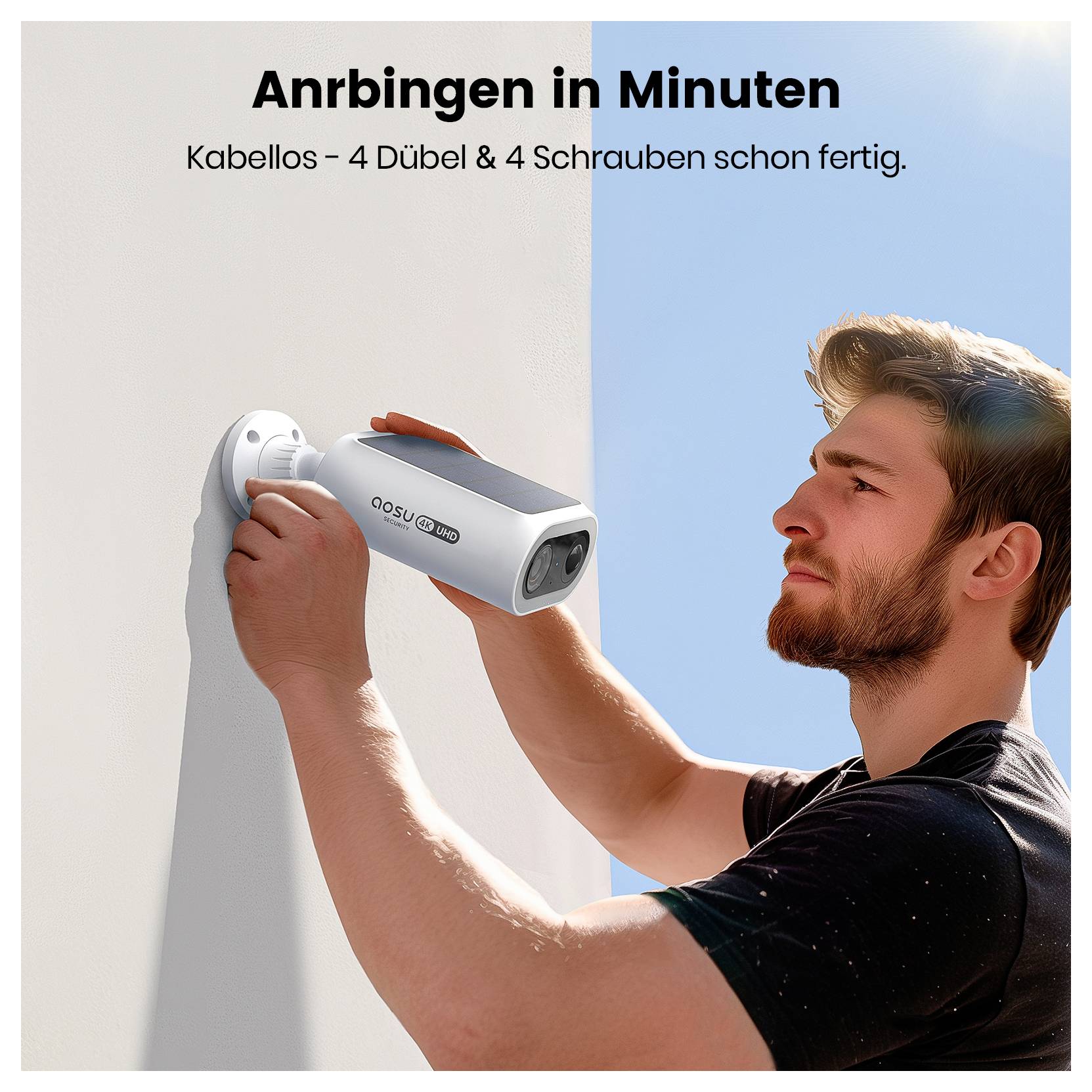 Eine Person, die eine Sicherheitskamera an einer weißen Wand installiert, mit dem Text 