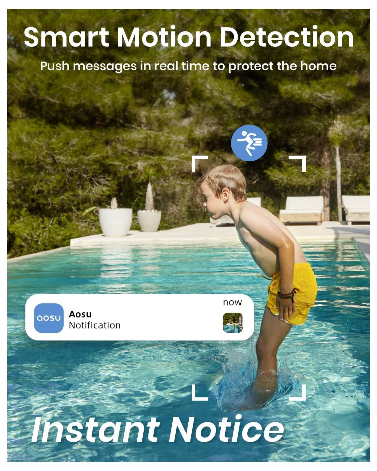 Ein Junge in gelben Shorts springt in einen Pool, mit Überlagerungstext, der 