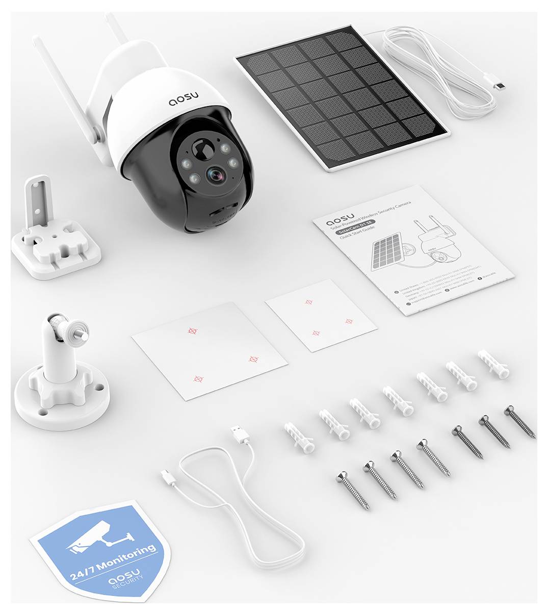 Überwachungskamera-Set mit Wandhalterung, Solarpanel, Kabeln, Schrauben, Klebepads und Bedienungsanleitung. Enthält einen Aufkleber '24/7 Überwachung'.