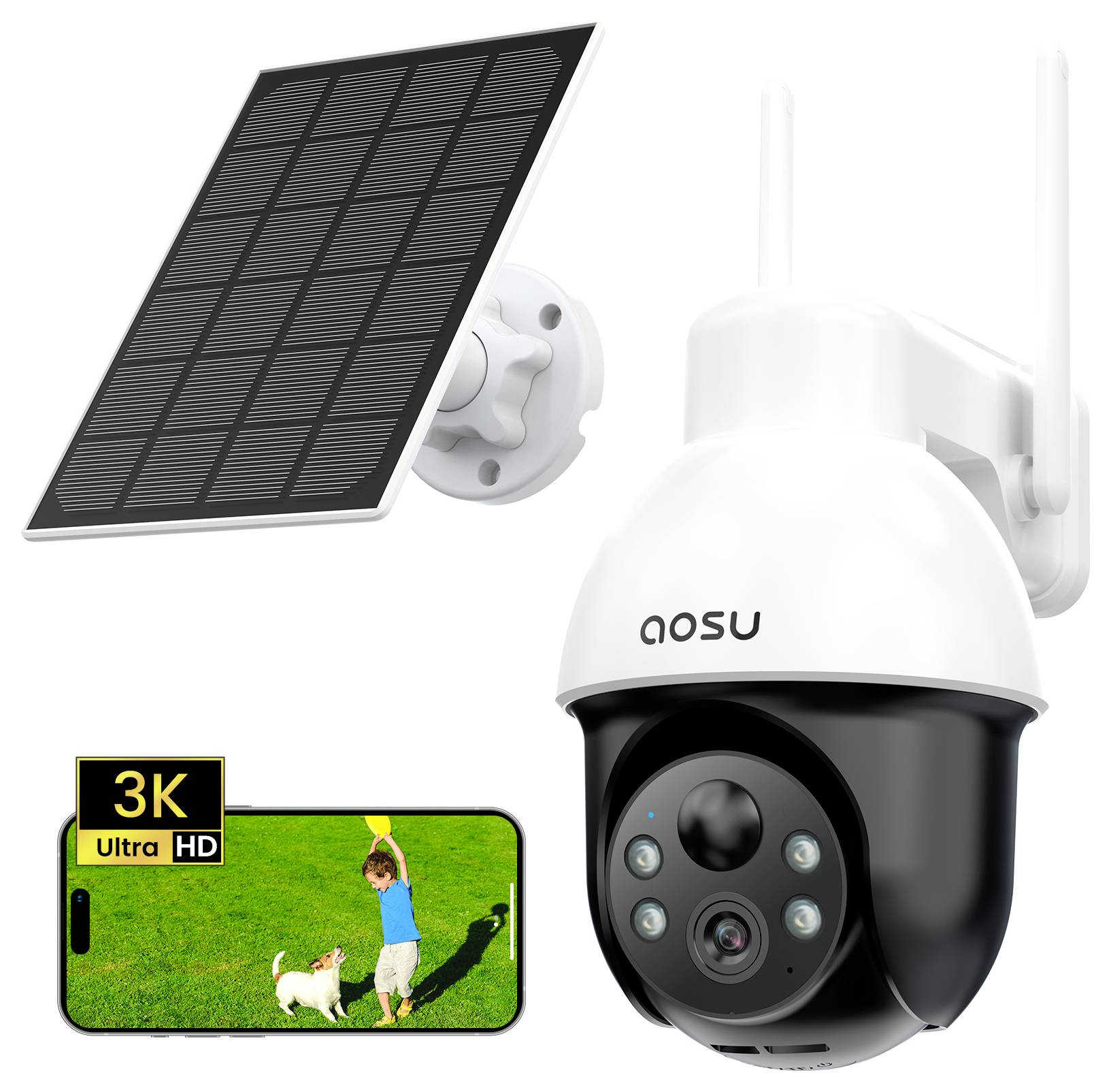 Eine solarbetriebene Sicherheitskamera mit '3K Ultra HD'-Auflösung zeigt auf dem Bildschirm ein Livebild eines Kindes und eines Hundes auf Gras.