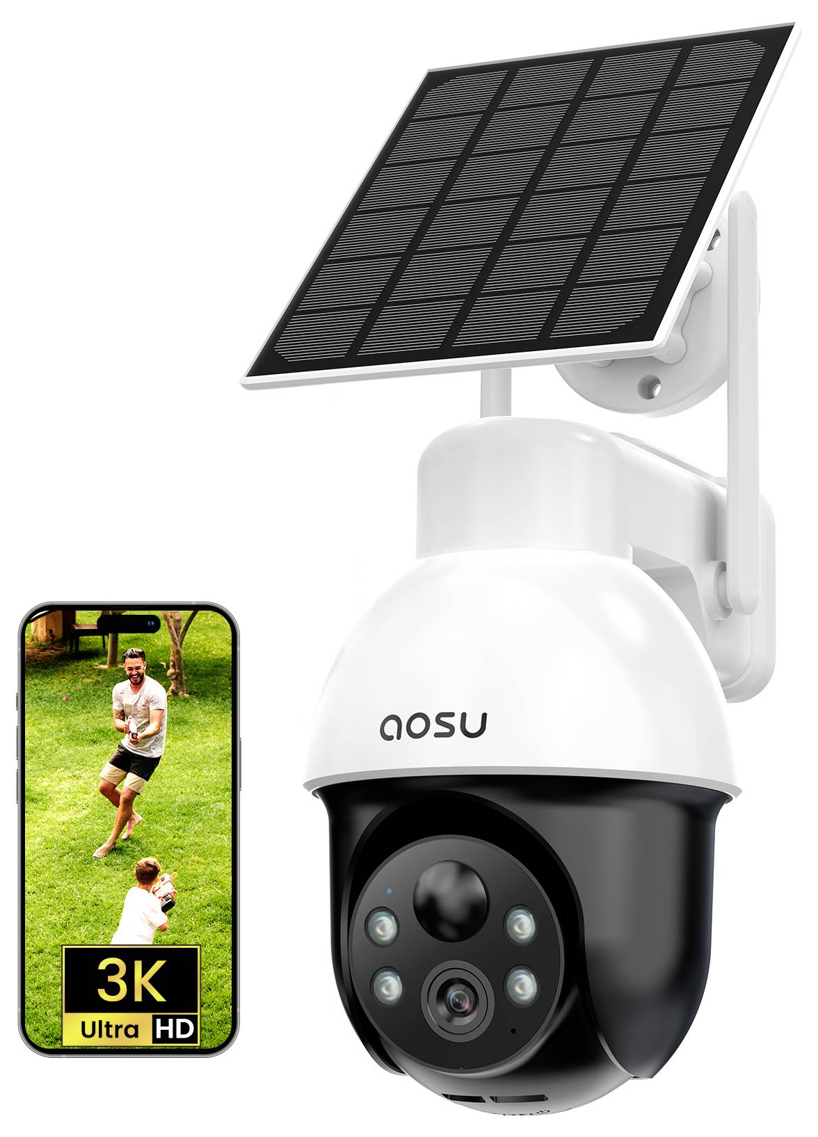 Eine weiße Sicherheitskamera mit Solar-Panel-Anbau, beschriftet mit 'OSU'. Daneben ein Smartphone, das einen Live-Videofeed in '3K Ultra HD' anzeigt.