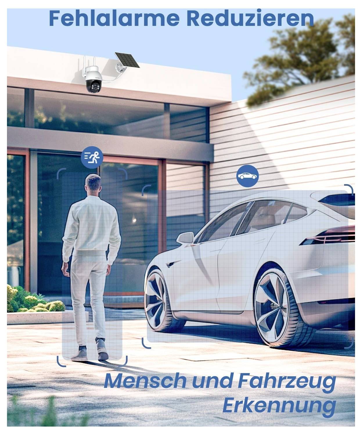 'Fehlalarme Reduzieren' Poster zeigt einen Mann, der auf ein modernes Haus mit einer Kamera zugeht. Text lautet 'Mensch und Fahrzeug Erkennung.'