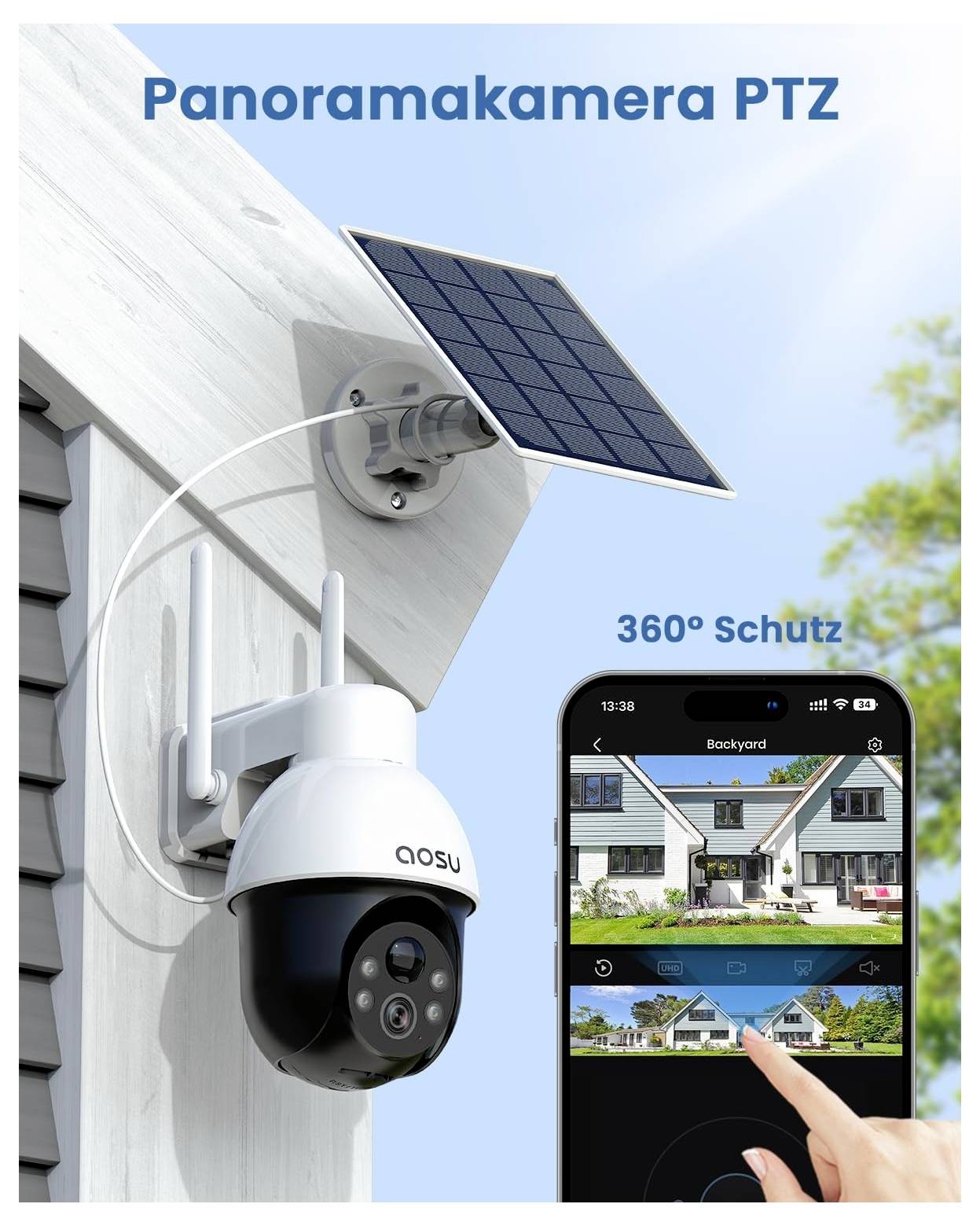 Eine solarbetriebene, weiße Sicherheitskamera ist an einem Haus montiert, wobei ein Smartphone ihre Ansicht zeigt, beschriftet mit '360° Schutz'.