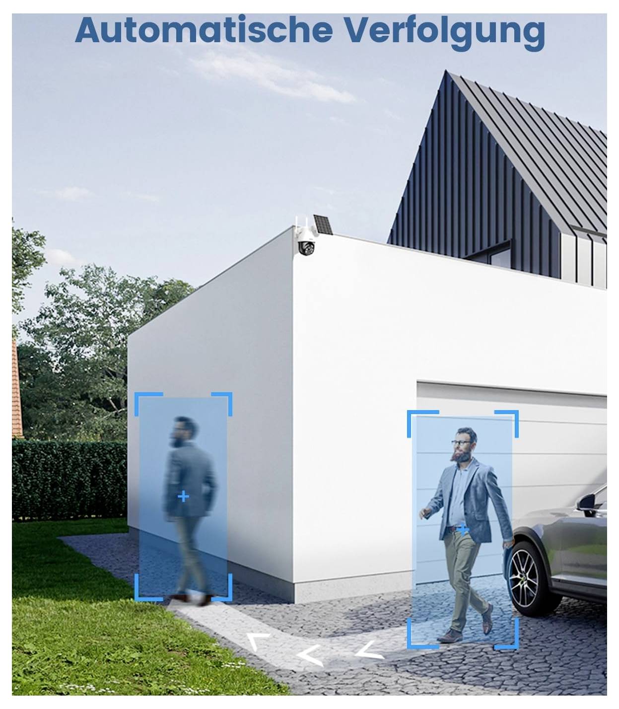 Eine Sicherheitskamera verfolgt eine Person, die sich in der Nähe eines modernen Hauses bewegt, hervorgehoben durch eine blaue digitale Überlagerung mit der Bezeichnung 'Automatische Verfolgung'.