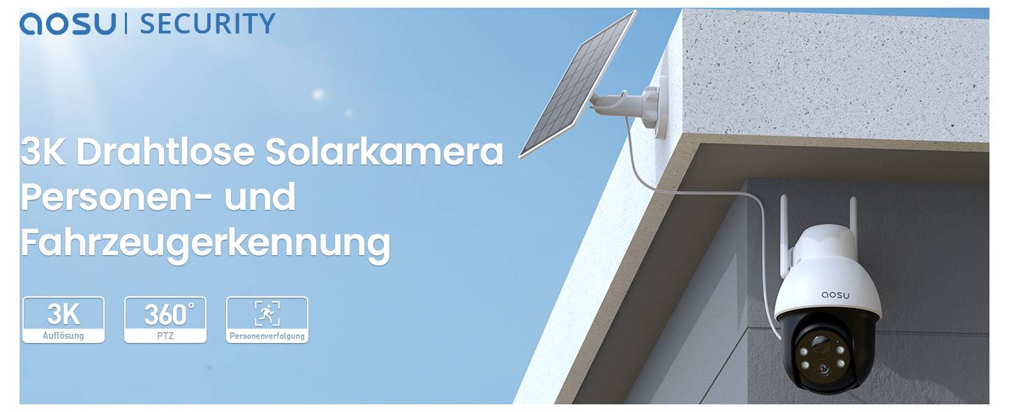 Aosui Sicherheitskamera, montiert unter einem Solarpanel; Text liest sich '3K Drahtlose Solarkamera Personen- und Fahrzeugerkennung'.