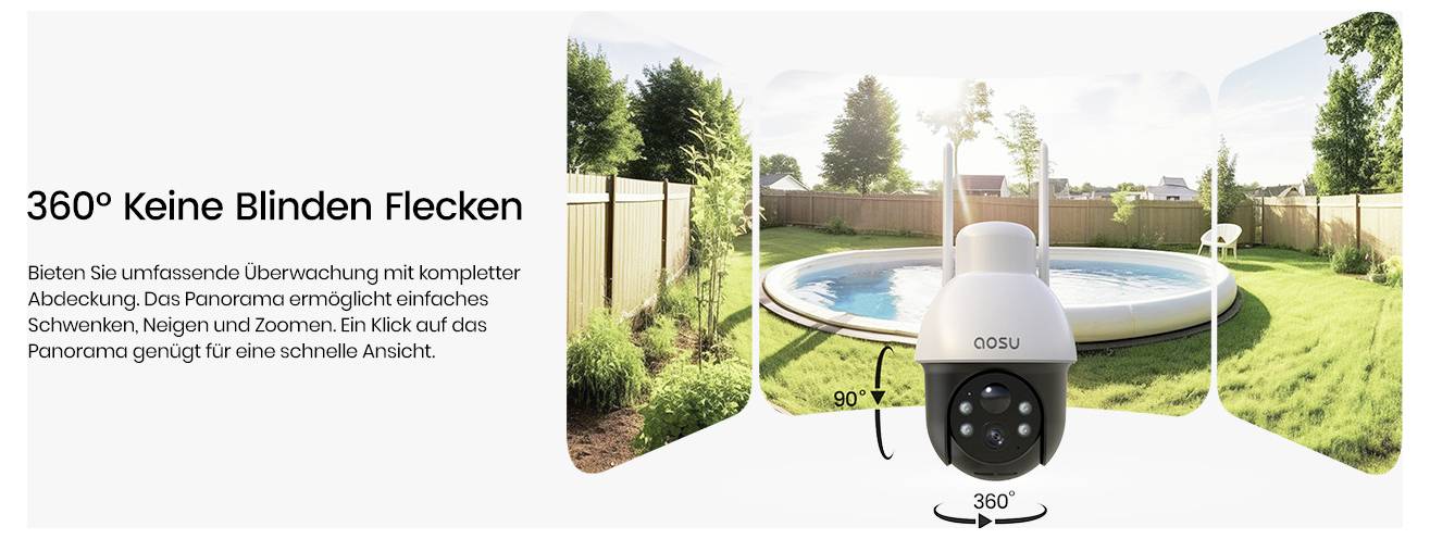 Außenkamera mit 360°-Rotation bietet vollständige Abdeckung mit Panoramaansicht. Verfügt über Fernsteuerung für Neigung, Schwenken und Zoom. Hinterhof mit Pool wird gezeigt.