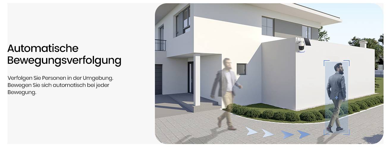 Eine Person, die außerhalb eines modernen Gebäudes geht, mit Pfeilen und einem blauen Fokuskasten, der eine Bewegungsverfolgung anzeigt. Text lautet: 'Automatische Bewegungsverfolgung'.