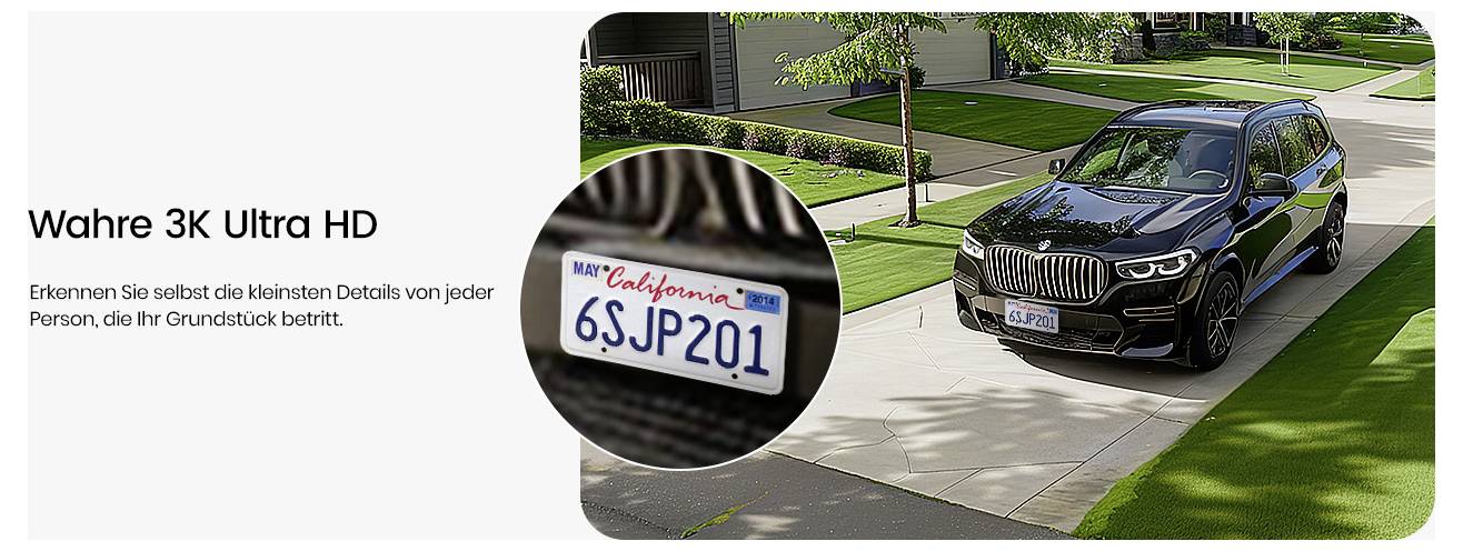 SUV auf einer Auffahrt mit klarem Kalifornien-Nummernschild; Text beschreibt 'Wahre 3K Ultra HD' und die Detailgenauigkeit.