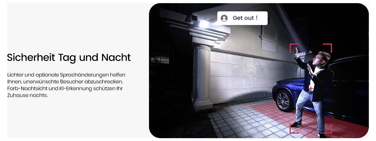 Eine Person wird neben einer Garage mit bewegungsaktivierter Beleuchtung beleuchtet und demonstriert Sicherheitsmerkmale für Haus und Hof bei Tag und Nacht.