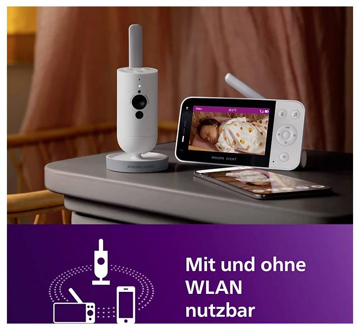 Babyphone-Set mit Kamera und Monitor; zeigt schlafendes Baby, Text 'Mit und ohne WLAN nutzbar'.