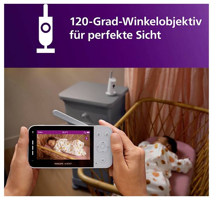 Babyphone-Monitor mit Livebild eines schlafenden Babys; oben Text '120-Grad-Winkelobjektiv für perfekte Sicht'.