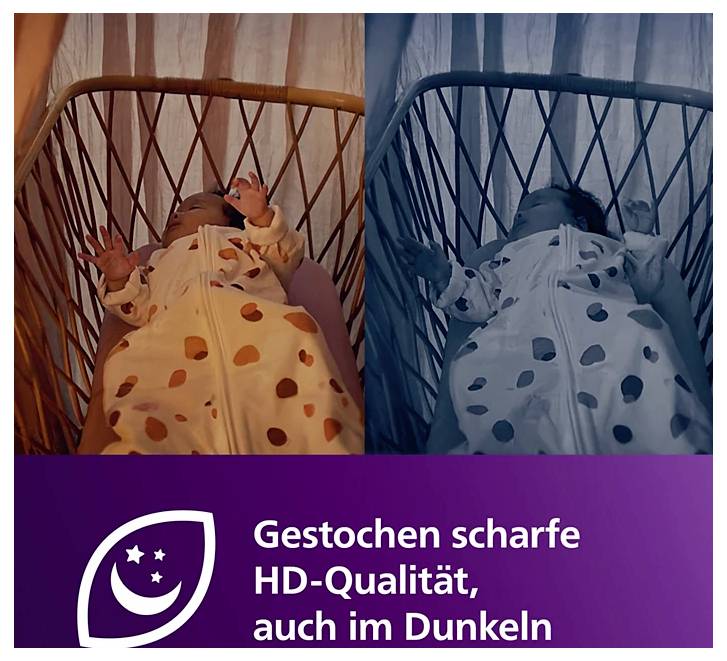 Vergleichsbild eines schlafenden Babys im Bettchen bei Tageslicht und in dunkler Aufnahme; unten steht 'Gestochen scharfe HD-Qualität, auch im Dunkeln'.