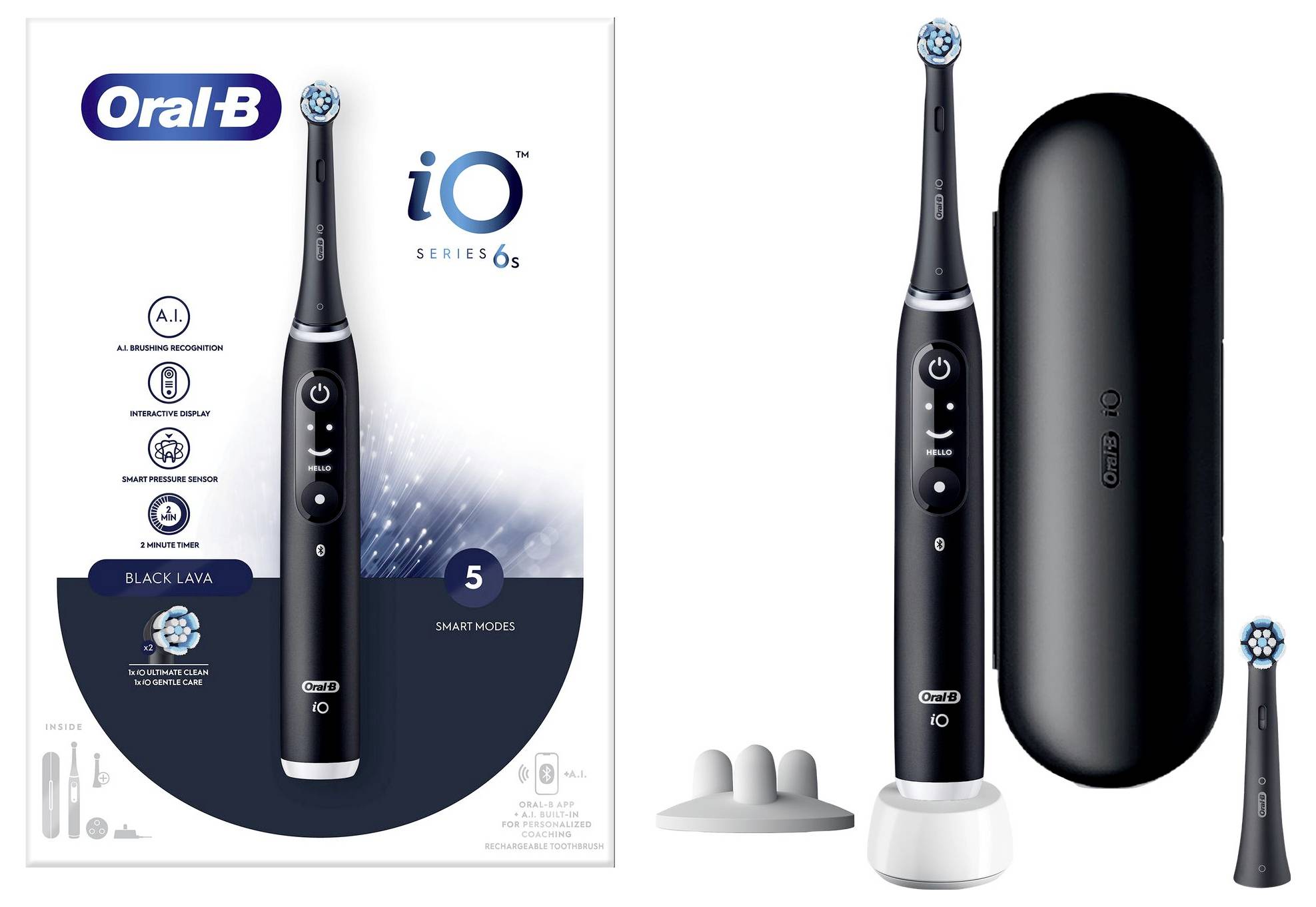 'Oral-B iO Series 6 Black Lava' elektrische Zahnbürste mit fünf intelligenten Modi, dargestellt mit ihrer Ladestation, Aufsteckbürsten und Reisetasche.