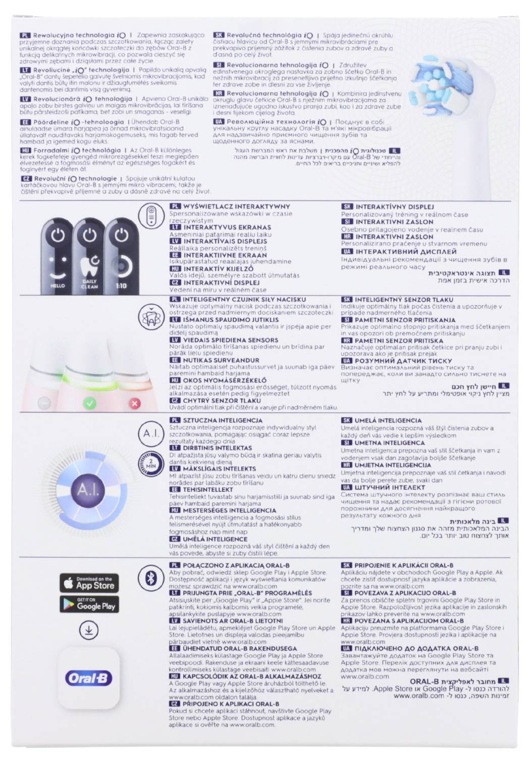 Rückseite der Oral-B Elektrische Zahnbürste Verpackung mit Hervorhebung der Funktionen:<br><br>- Interaktives Display<br>- Drucksensor<br>- KI-gestützte Bürstenerkennung<br>- App-Kompatibilität<br><br>Inklusive Markenbranding und Produktinformationen.