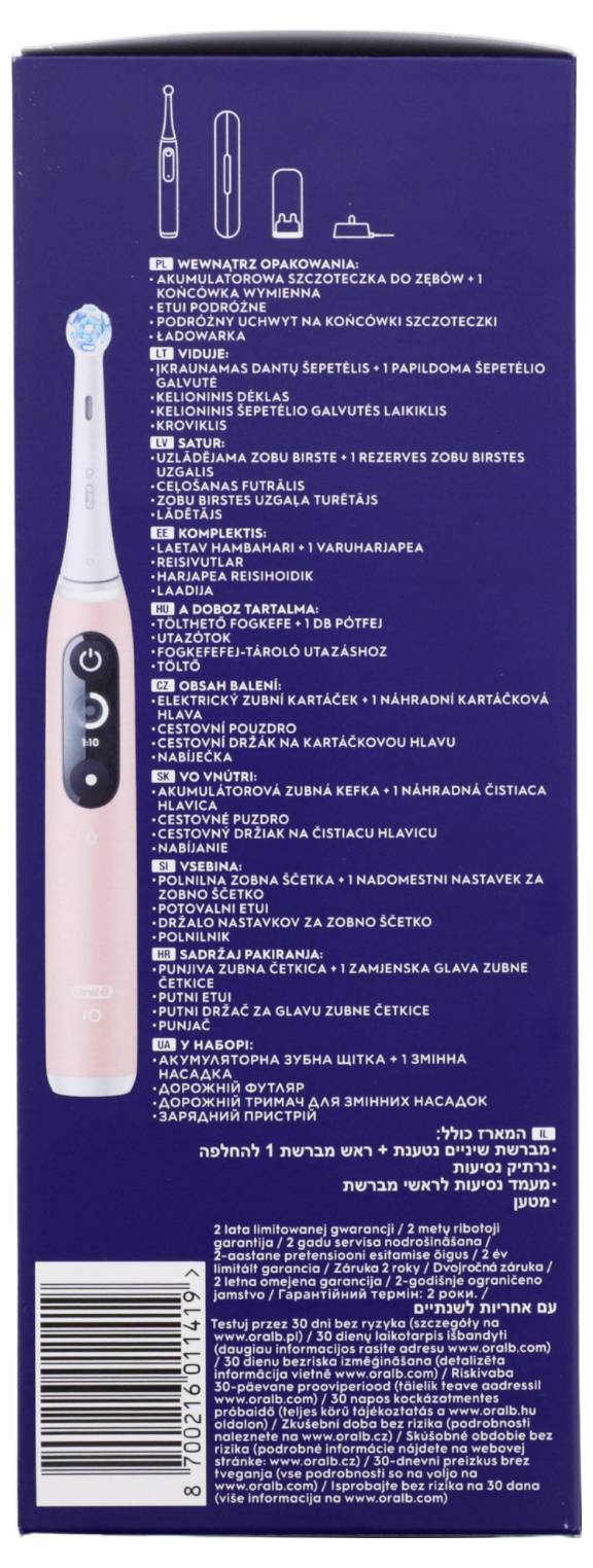 Eine Schachtel, die eine elektrische Zahnbürste und verschiedene Anweisungen in mehreren Sprachen zeigt, einschließlich Verwendungsmodi und enthaltener Gegenstände.